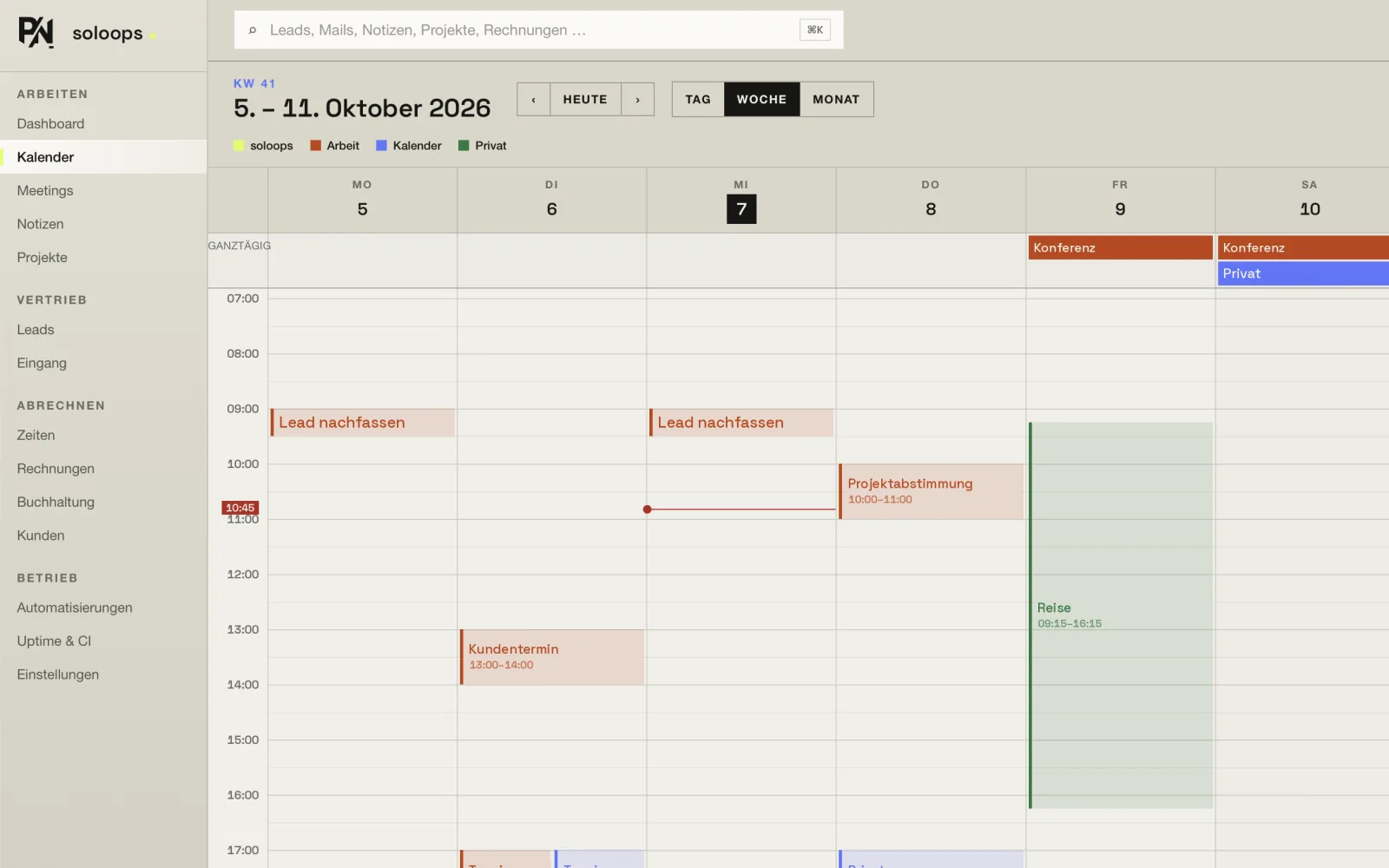 Wochenansicht im Kalender von soloops mit Terminen, Ganztagseinträgen und den Modulen in der Seitenleiste